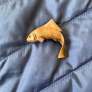 Vintage  Hand Carved Fish Trout? Curled tail Brooch Wooden 2"  Detailed